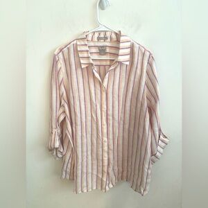 Chico’s Linen Button Up Striped Shirt No Iron XL Coastal Grandmother preppy